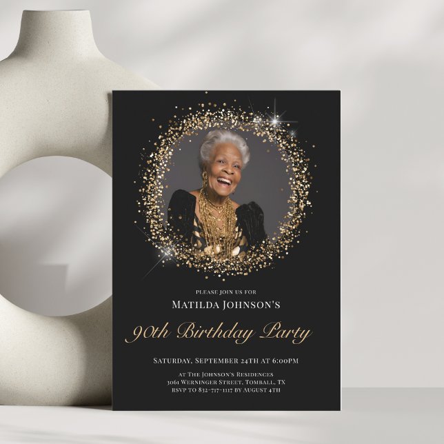 Glitter Svarta Guld 90:e Födelsedagsfest inbjudan (Glitter Black Gold 90th Birthday Party Invitation)