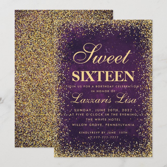 Glitter Sweet 16 Lila Watercolor Birthday Inbjudningar (Fram/baksida)