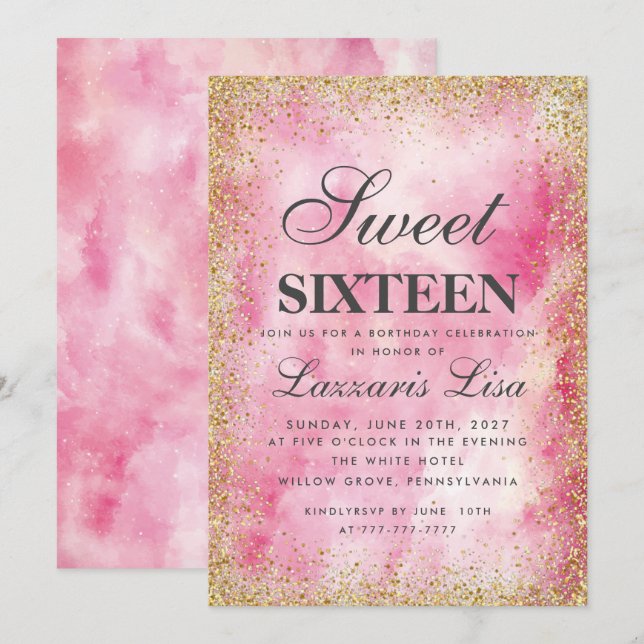 Glitter Sweet 16 Rosa vattencolor Birthday Inbjudningar (Fram/baksida)