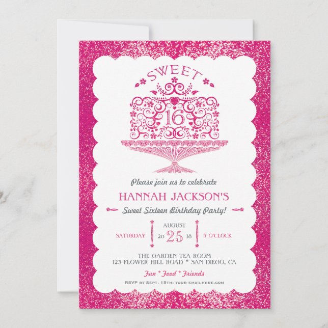 Glitter Sweet sixteen Lacy Birthday Cake Party Inbjudningar (Framsida)
