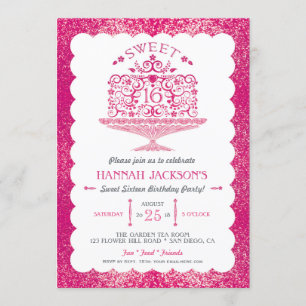 Glitter Sweet sixteen Lacy Birthday Cake Party Inbjudningar