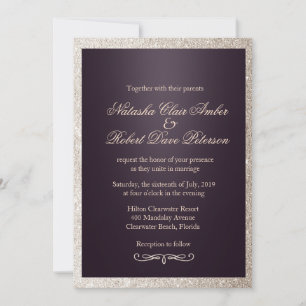 Glitter Taupe Beige Lila Modern Chic Bröllop Inbjudningar