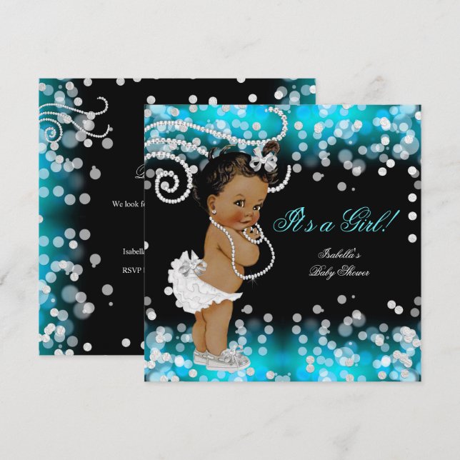 Glitter Teal Blue Black Baby Shower Ethnic Inbjudningar (Fram/baksida)