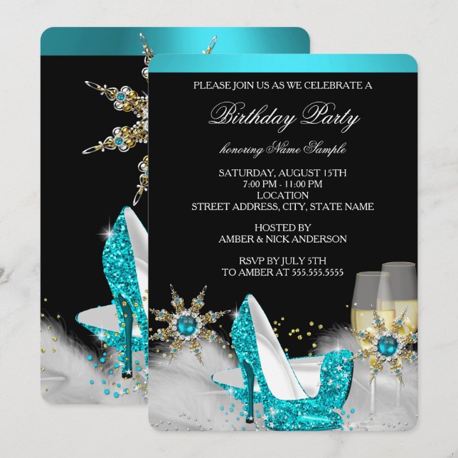Glitter Teal Blue High Heel Black Guld Champagne Inbjudningar (Fram/baksida)