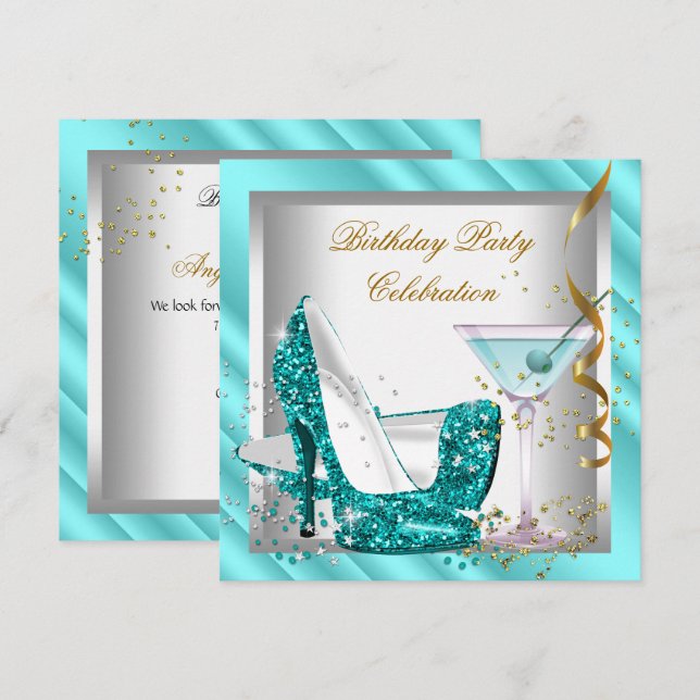 Glitter Teal Blue High Heel Shoes Guld Birthday 2 Inbjudningar (Fram/baksida)