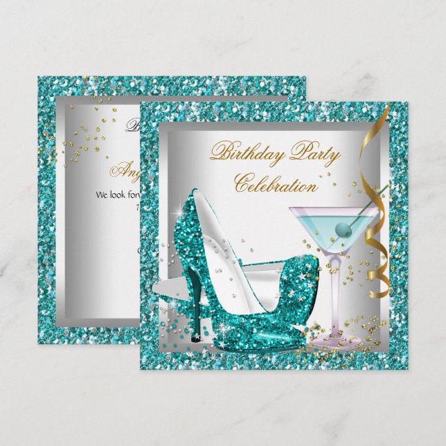 Glitter Teal Blue High Heel Shoes Guld Martini Inbjudningar (Fram/baksida)