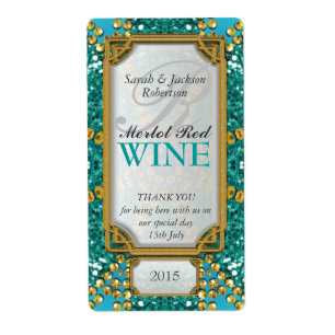 Glitter Teal Guld Anpassningsbar Vin Flaska Fraktsedel