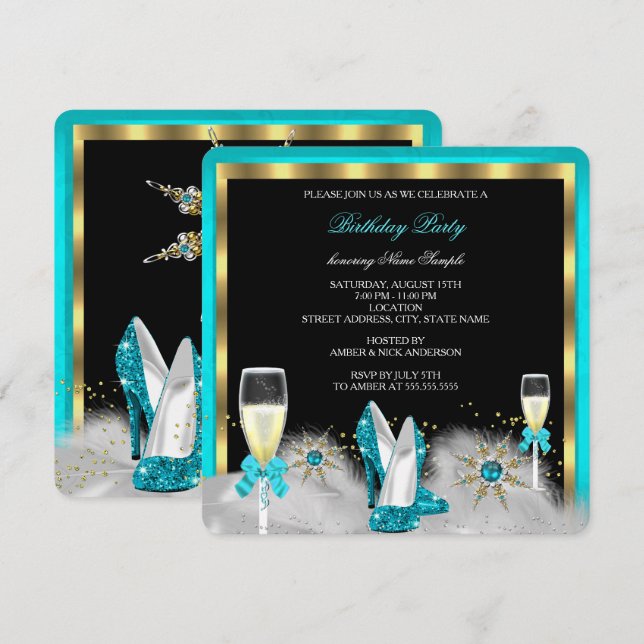 Glitter Teal Högklackars Black Guld Champagne Inbjudningar (Fram/baksida)