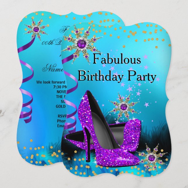 Glitter Teal Lila Högklackar Födelsedagsfest 2 Inbjudningar (Fram/baksida)