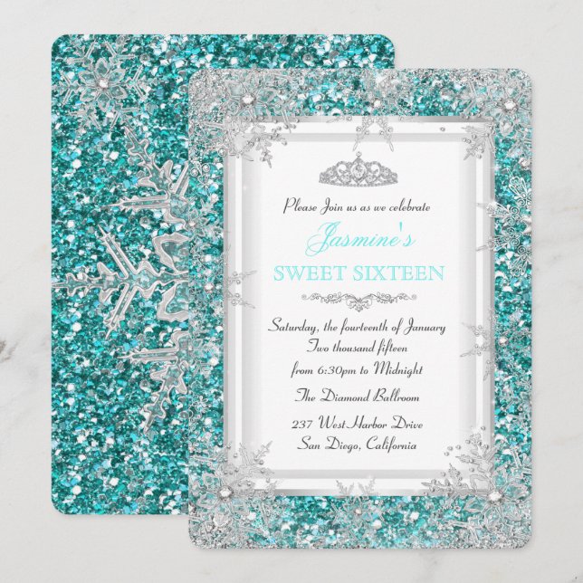 Glitter Teal Silver Winter Wonderland Sweet 16 Inbjudningar (Fram/baksida)