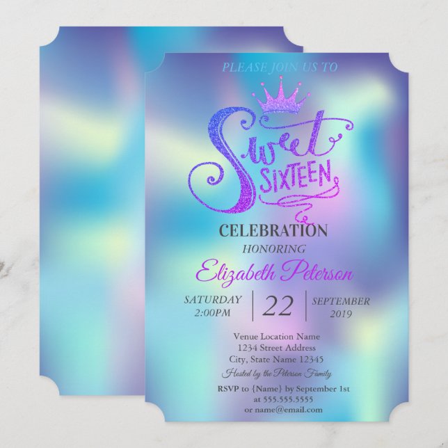 Glitter Tiara Holograf Sweet 16 Party Inbjudningar (Fram/baksida)
