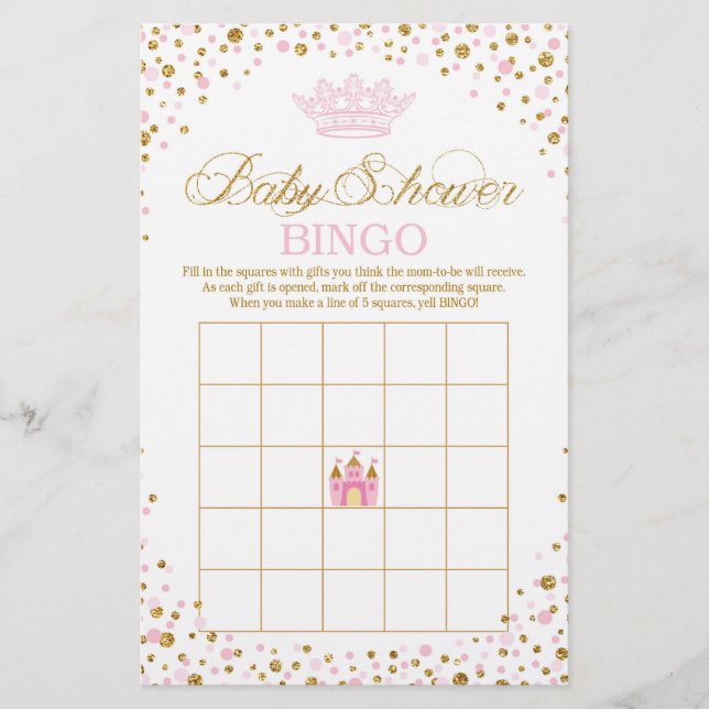 Glitter Tiara Royal Princess Baby Shower Bingo (Framsida)