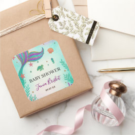 Glitter Turcos Sjöjungfru Baby Shower Fyrkantigt Klistermärke