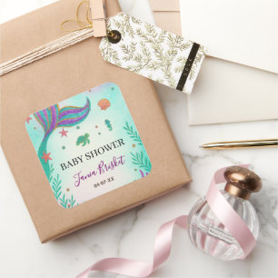 Glitter Turcos Sjöjungfru Baby Shower Fyrkantigt Klistermärke