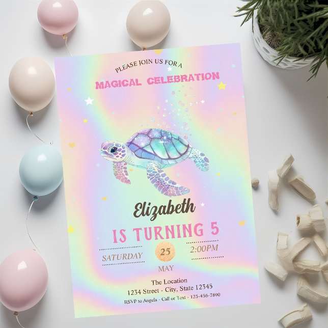 Glitter Turtle Sommar Holografisk Födelsedag Inbjudningar (Skapare uppladdad)