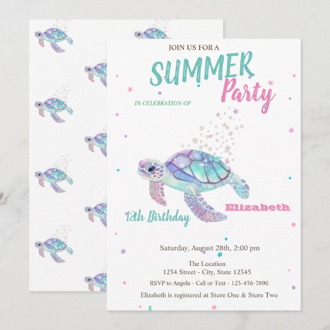 Glitter Turtle Summer Birthday Inbjudningar (Fram/baksida)