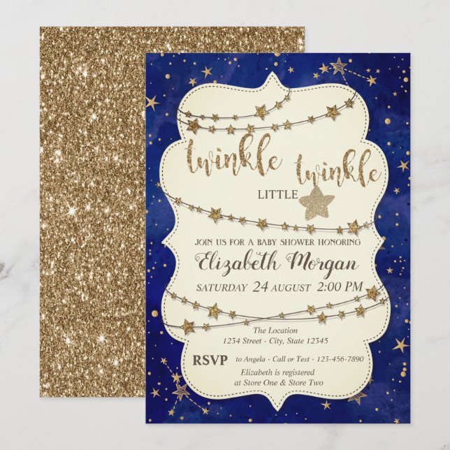 Glitter Twinkle Little Star Guld Baby Shower Inbjudningar (Fram/baksida)