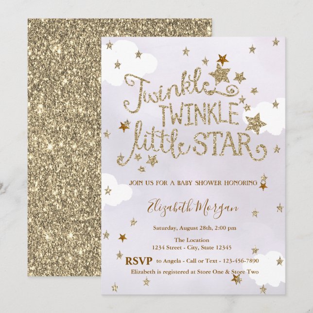 Glitter Twinkle Little Star Lavender Baby Shower Inbjudningar (Fram/baksida)