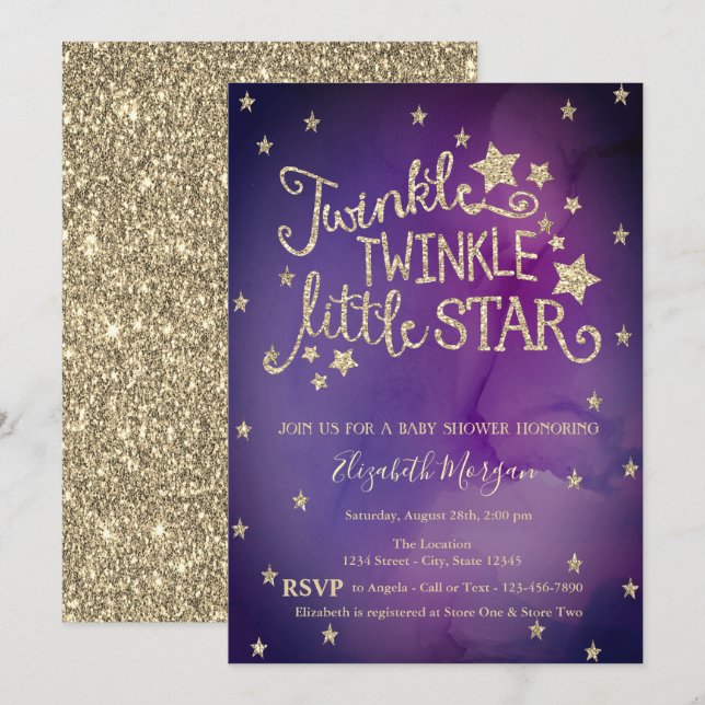 Glitter Twinkle Little Star Violet Baby Shower Inbjudningar (Fram/baksida)