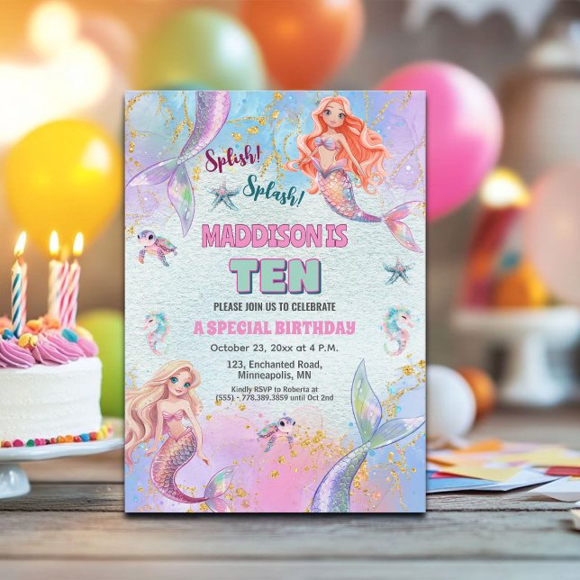Glitter Under havet Sirener 10-års födelsedagsfest Inbjudningar (Skapare uppladdad)