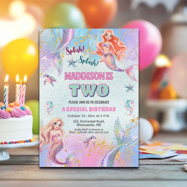 Glitter Under havet Sirener 2-års födelsedagsfest Inbjudningar (Skapare uppladdad)