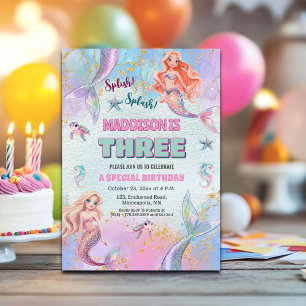 Glitter Under havet Sirener 3-års födelsedagsfest Inbjudningar