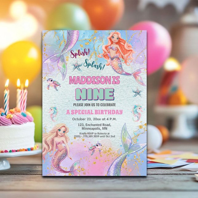 Glitter Under the Sea Mermaids 9th Birthday Party Inbjudningar (Skapare uppladdad)