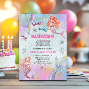 Glitter Under the Sea Sirener 6-års födelsedagsfes Inbjudningar