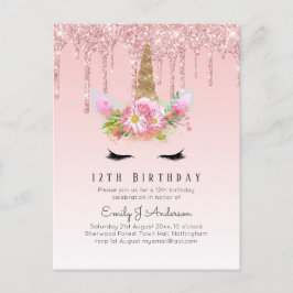 Glitter Unicorn 12:e Birthday Rosa Guld Vykort