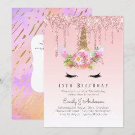 Glitter Unicorn 13:e födelsedagen Rosa Guld Girls Inbjudningar