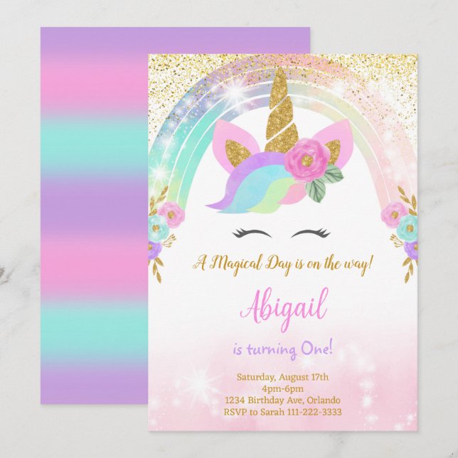 Glitter Unicorn Birthday Inbjudan (Fram/baksida)