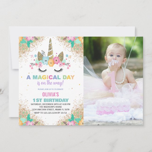 Glitter Unicorn Birthday-inbjudningar med foto Inbjudningar (Framsida)