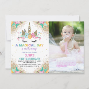 Glitter Unicorn Birthday-inbjudningar med foto Inbjudningar
