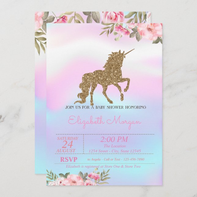 Glitter Unicorn Blommigt HoloGraph Baby Shower Inbjudningar (Fram/baksida)