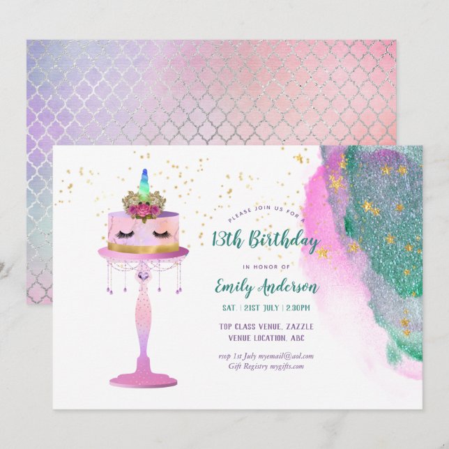Glitter Unicorn Cake Rosa Gold Foil 13:e födelseda Inbjudningar (Fram/baksida)