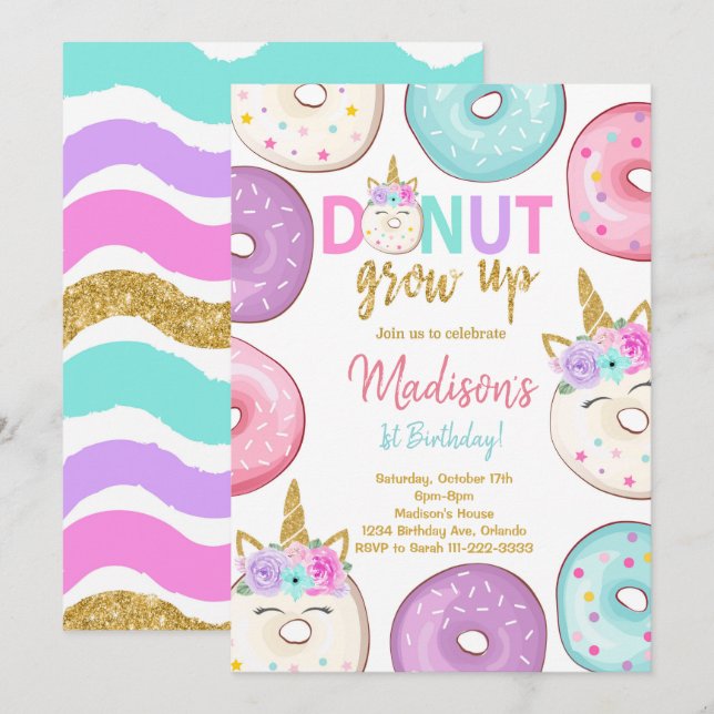 Glitter Unicorn Donuts Birthday bjudande Inbjudningar (Fram/baksida)