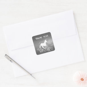 Glitter Unicorn och Stars Tack SILVER Fyrkantigt Klistermärke