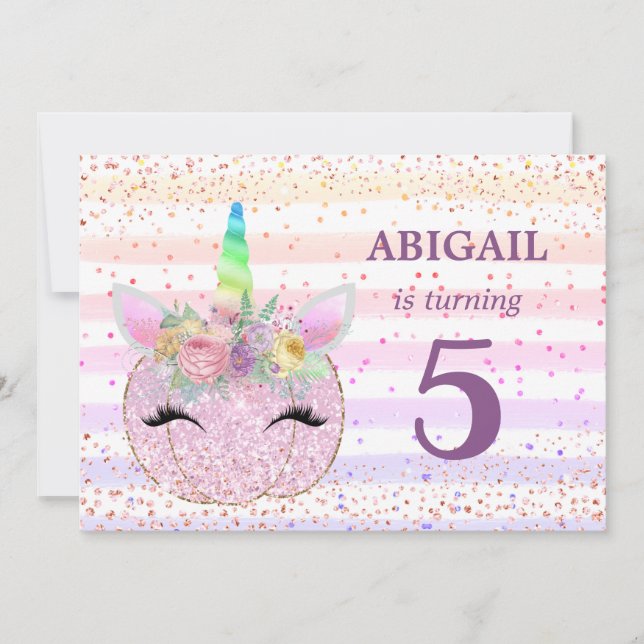 Glitter Unicorn Pumpkin Girls femte födelsedag Inbjudningar (Framsida)