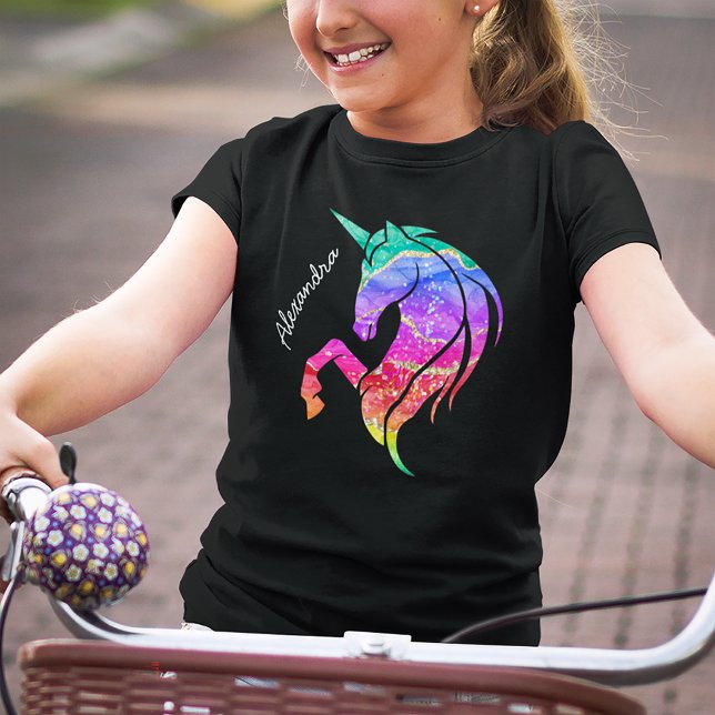 Glitter Unicorn Rainbow med första Namn T Shirt (Skapare uppladdad)
