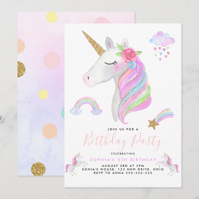 Glitter Unicorn Rainbow Pastel Birthday Girl Inbjudningar (Fram/baksida)