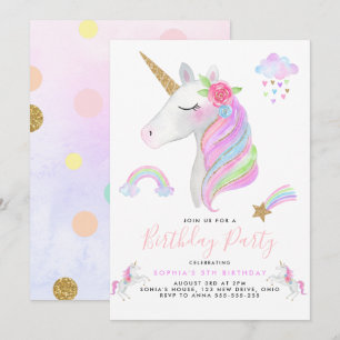 Glitter Unicorn Rainbow Pastel Birthday Girl Inbjudningar