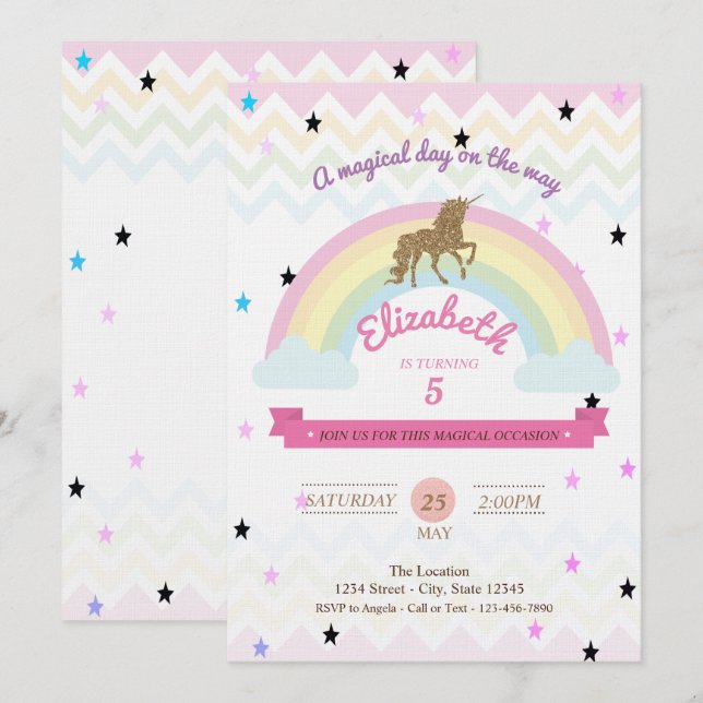 Glitter Unicorn,Rainbow Stars Birthday-inbjudan Inbjudningar (Fram/baksida)