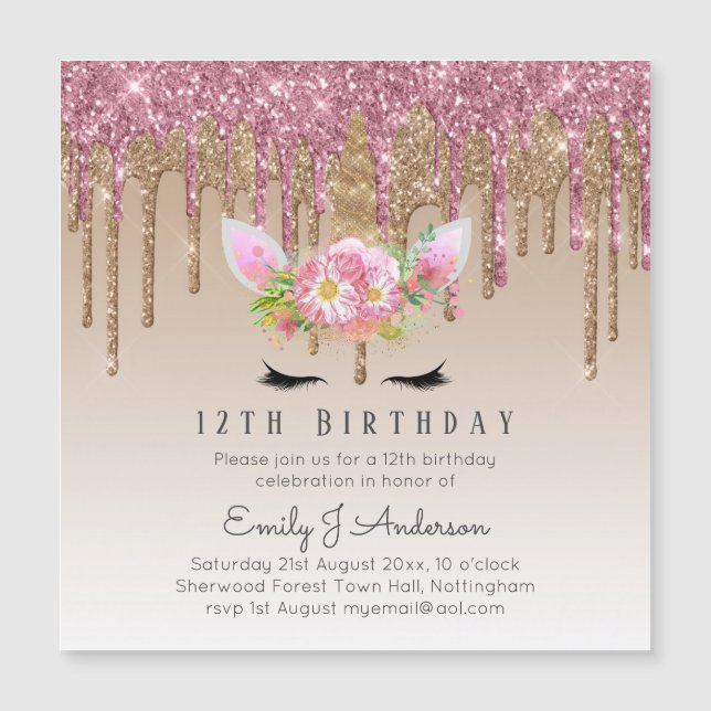 Glitter UNICORN Ro Guld Rosa 12:e Bday (Framsida)