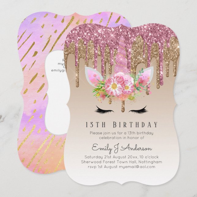 Glitter Unicorn Ro Guld Rosa 13:e dagen Inbjudningar (Fram/baksida)