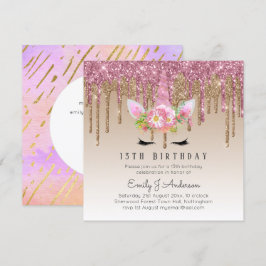 Glitter Unicorn Ro Guld Rosa 13:e dagen Inbjudningar