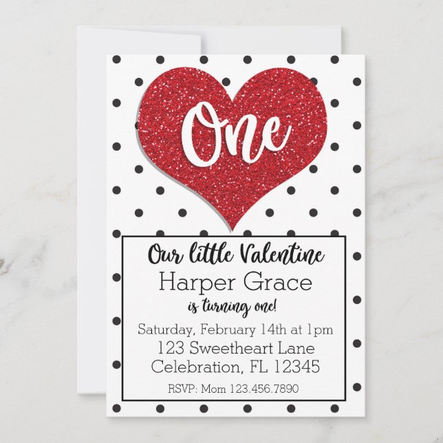 Glitter Valentines Girl First Birthday Inbjudningar (Framsida)