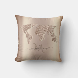 Glitter Världskarta Resa Monogram Kudde