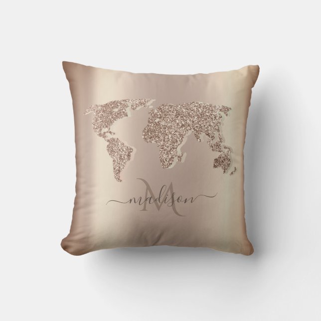 Glitter Världskarta Resa Monogram Kudde (Framsida)