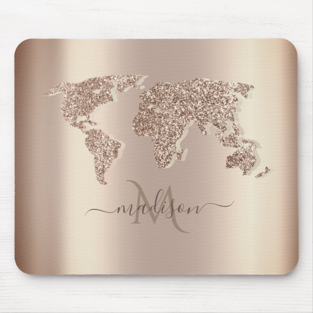Glitter Världskarta Resa Monogram Musmatta (Framsidan)