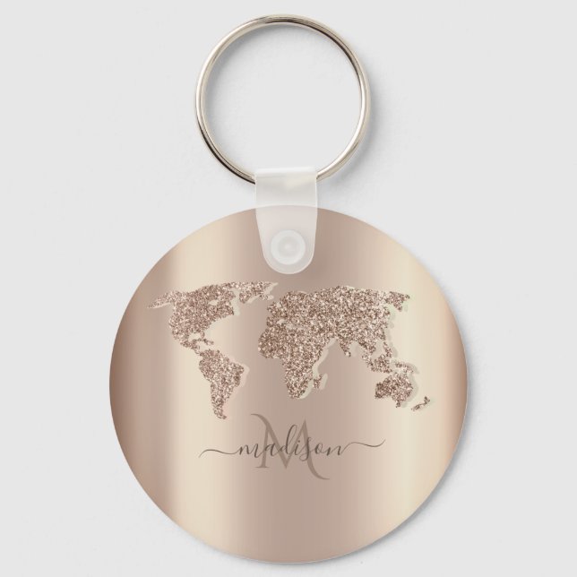 Glitter Världskarta Resa Monogram Nyckelring (Framsida)